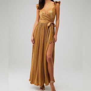 Saylor  High Split Belted Flutter Sleeve Maxi Gold Dress(Size Medium)